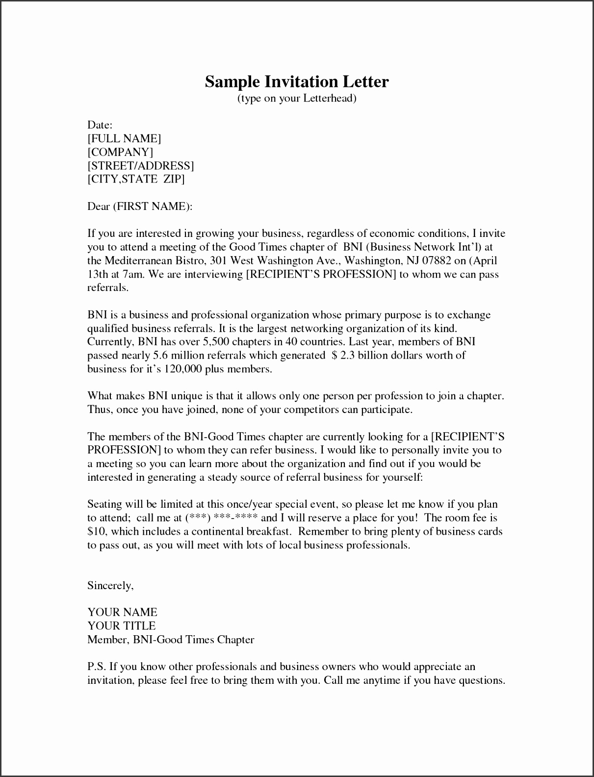 formal invitation letter example for an event