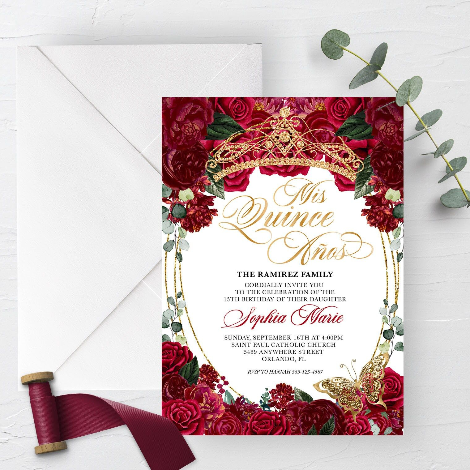 EDITABLE Invitation Elegant Red And Gold Floral Quinceanera Invitation 