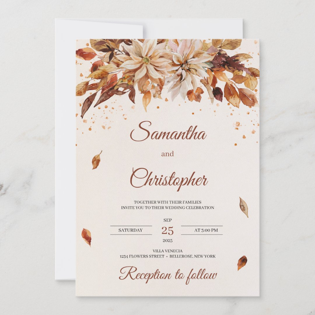 Fall And Autumn Flowers And Leaves Wedding Invitation Zazzle