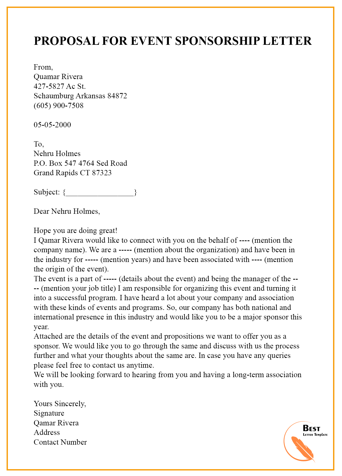 PROPOSAL FOR EVENT SPONSORSHIP LETTER Best Letter Template