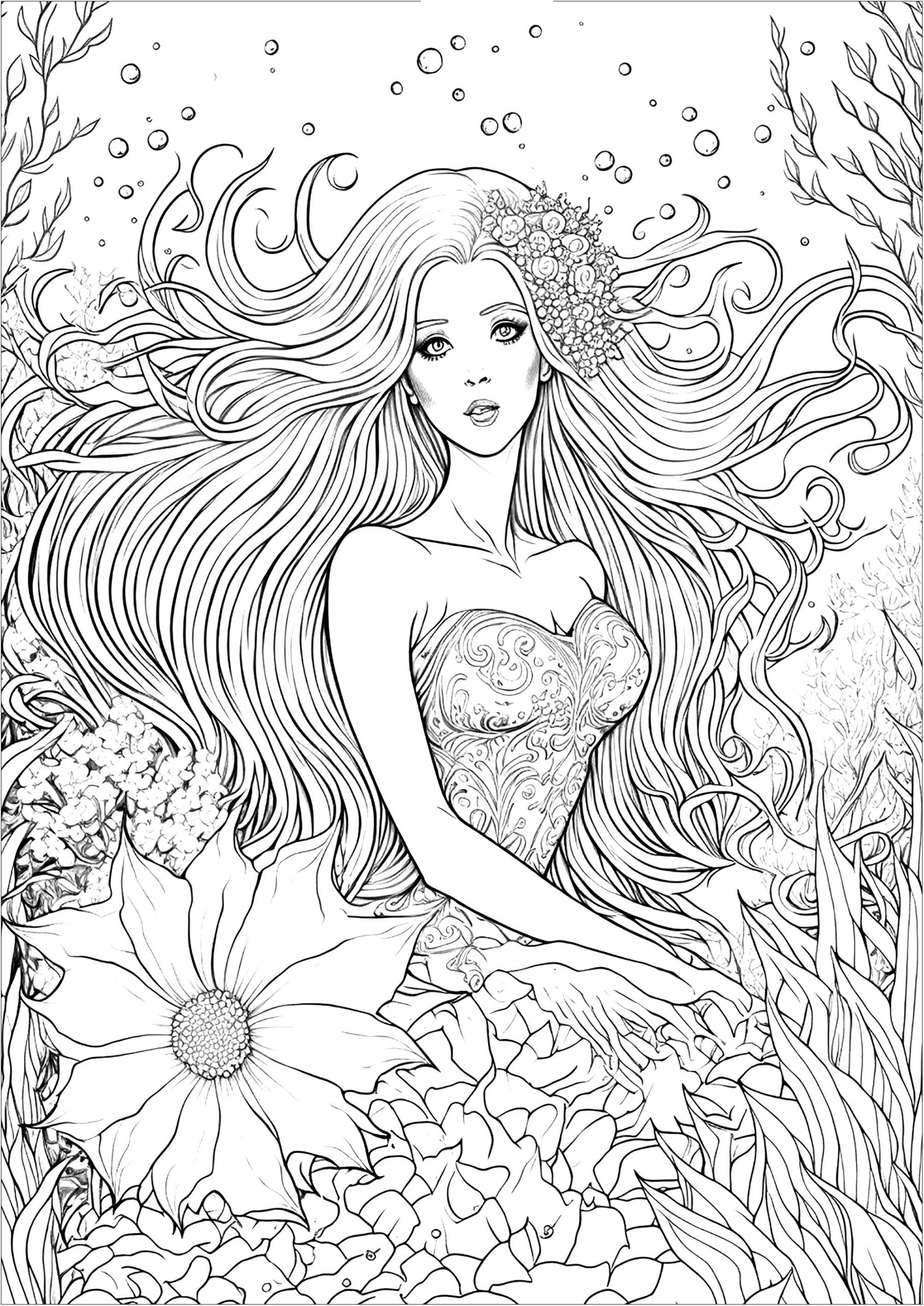 Realistic Beautiful Mermaid Free Coloring Page Mermaid Coloring 