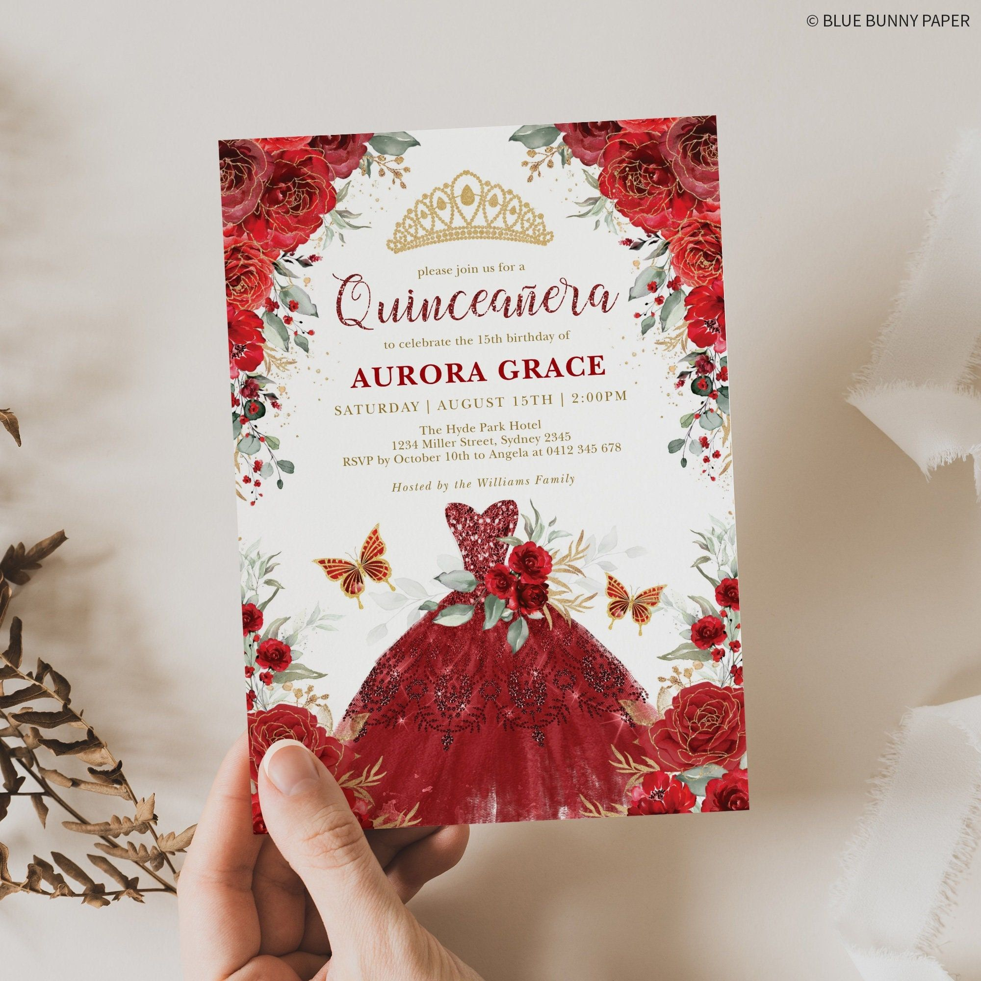 Red Quinceanera Invitation Editable Template Red Roses Mis Quince 15 