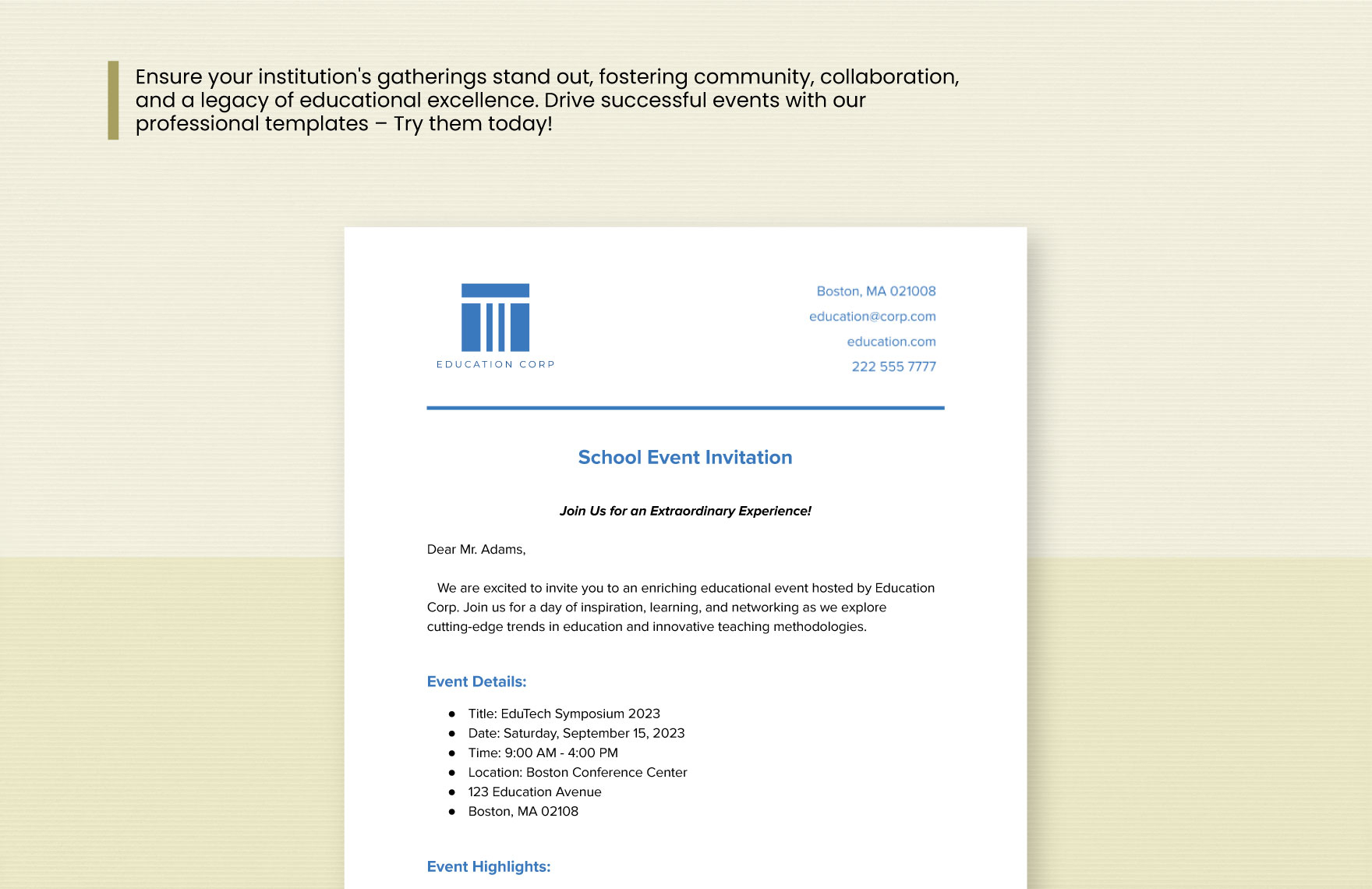 School Event Invitation Template In Word PDF Google Docs Download