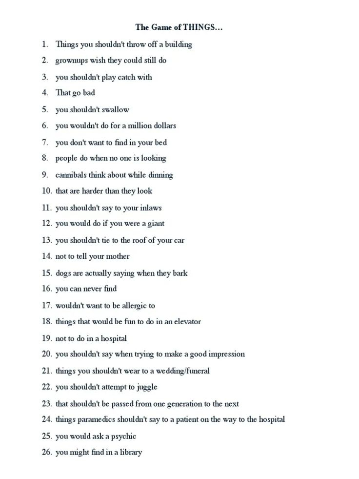 The Game Of Things Questions Printable Diana K Pearson