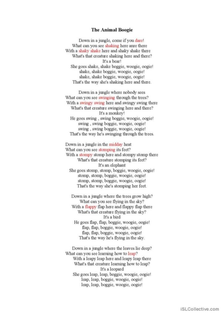 Animal Boogie Song Song And Nursery English ESL Worksheets Pdf Doc