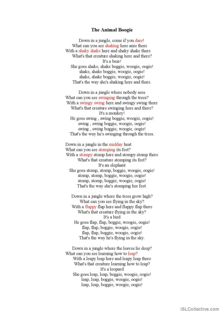 Animal Boogie Song Song And Nursery English ESL Worksheets Pdf Doc