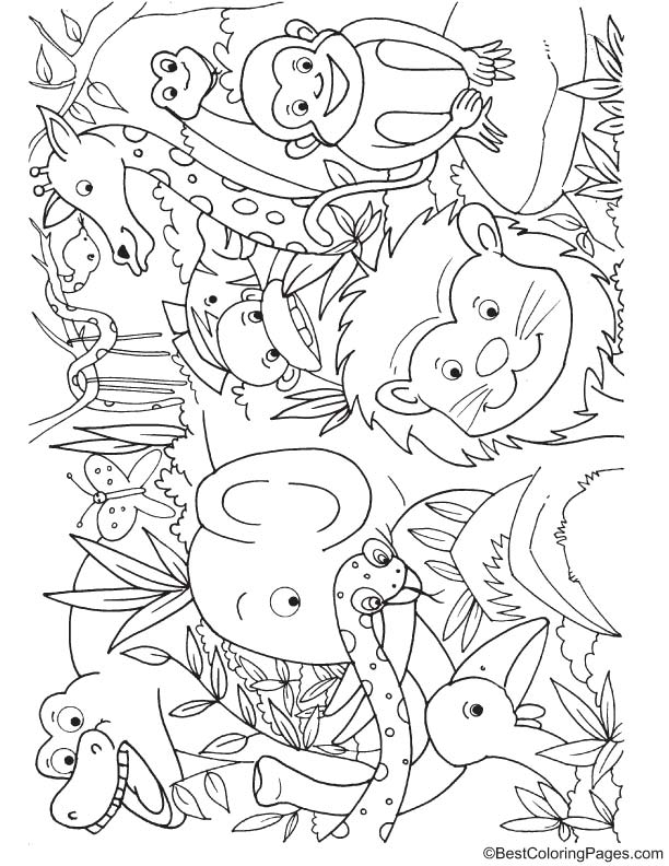 Animals In Jungle Coloring Page