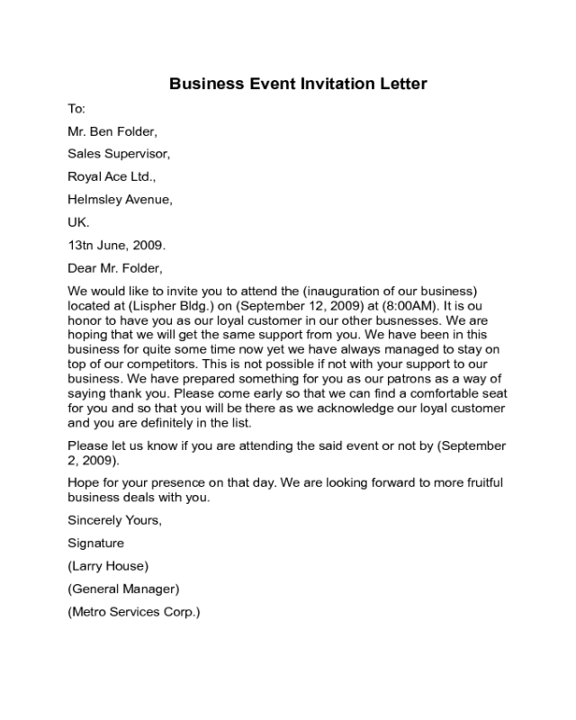 Business Event Invitation Letter Sample Edit Fill Sign Online