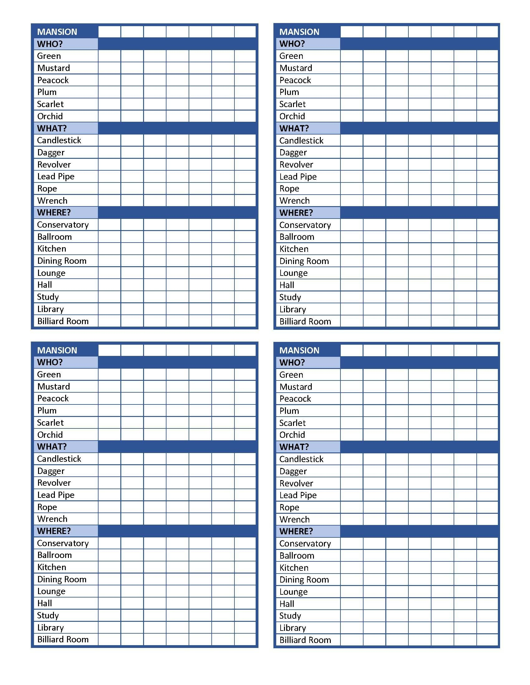 Clue Board Game Mansion Printable Detective Notepad Sheets Free 