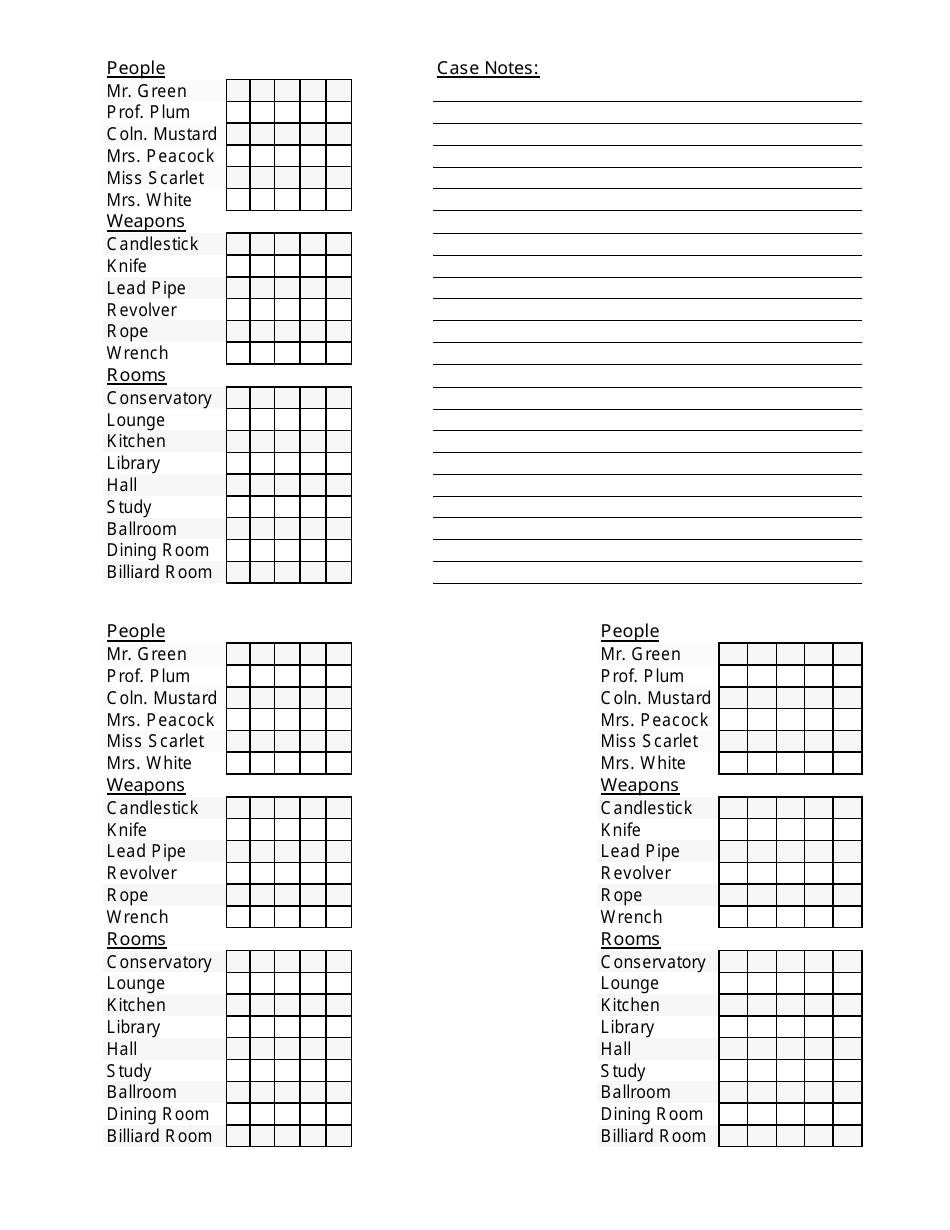 Clue Printable Game Sheets Printable Free Templates