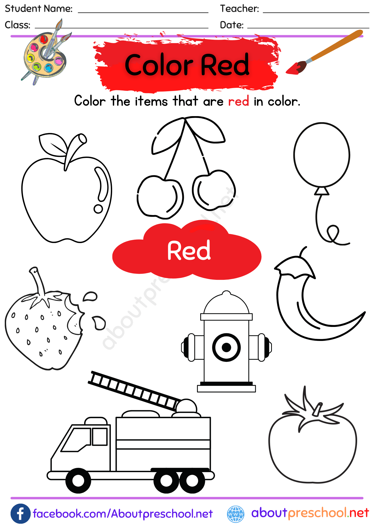 Color Red Worksheet For Preschool Kindergarten Activities