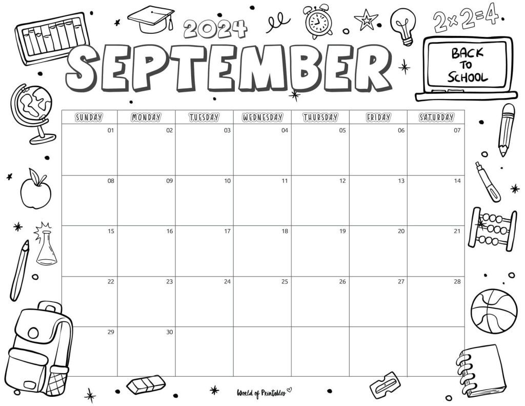 Coloring Calendar For Kids September