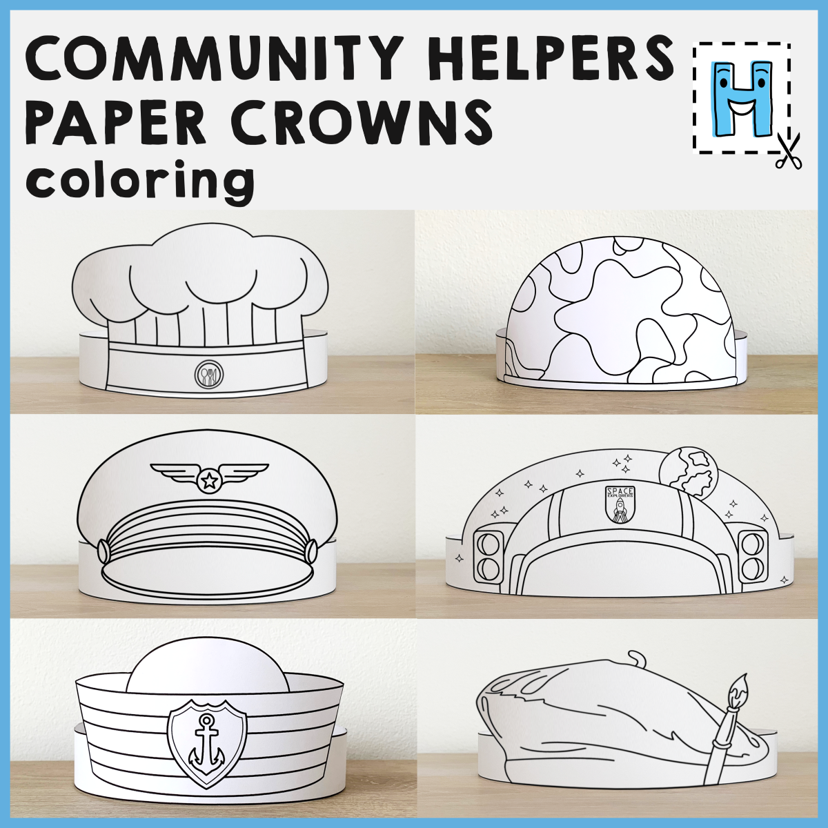 Community Helpers Paper Hats Career Day Printable Paper Coloring Craft 