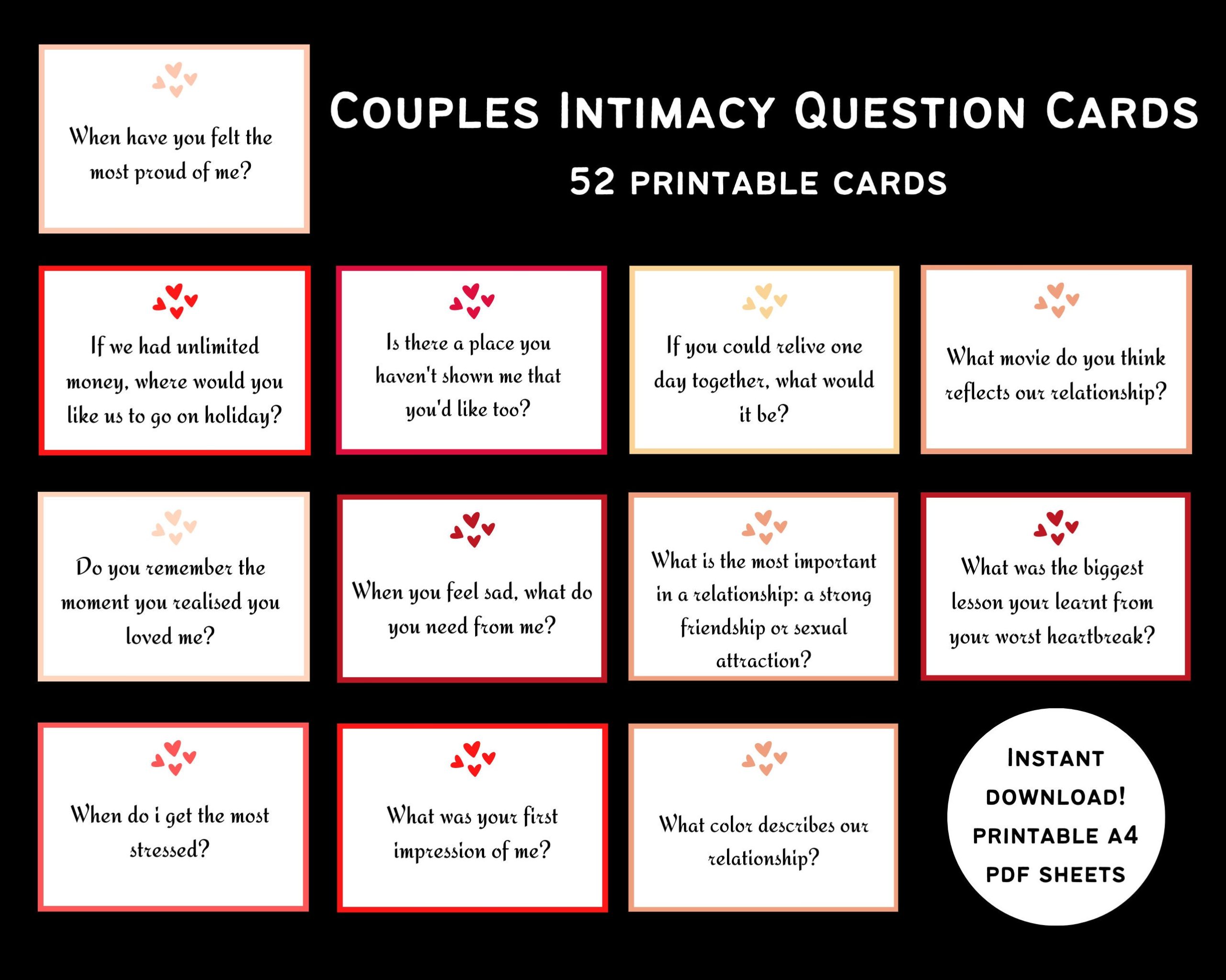 Couple Intimacy Question Cards Printable Couples Card Game Download PDF 