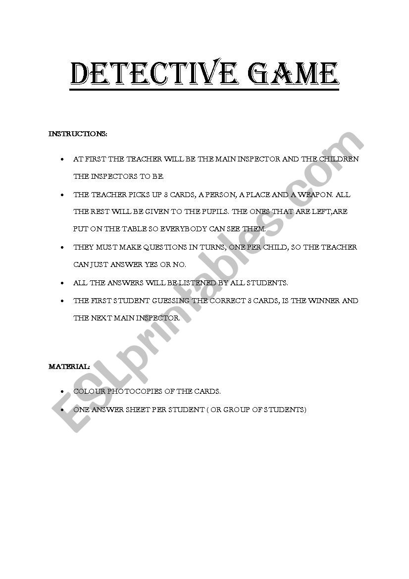 DETECTIVE GAME ESL Worksheet By EdurneA 