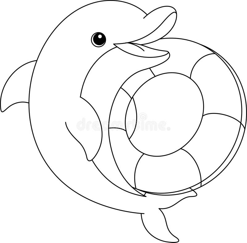 Dolphin With A Lifesaver Ring Coloring Page Funny Animal Illustration Colouring For Kids Stock 