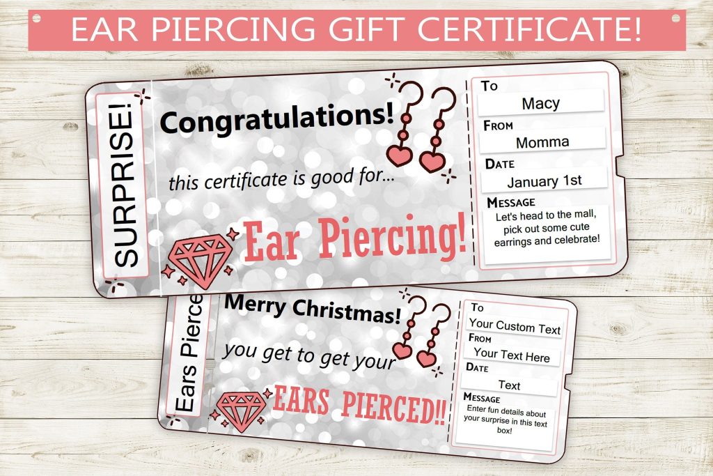 Ear Piercing Gift Certificate Voucher Printable Adobe Editable PDF
