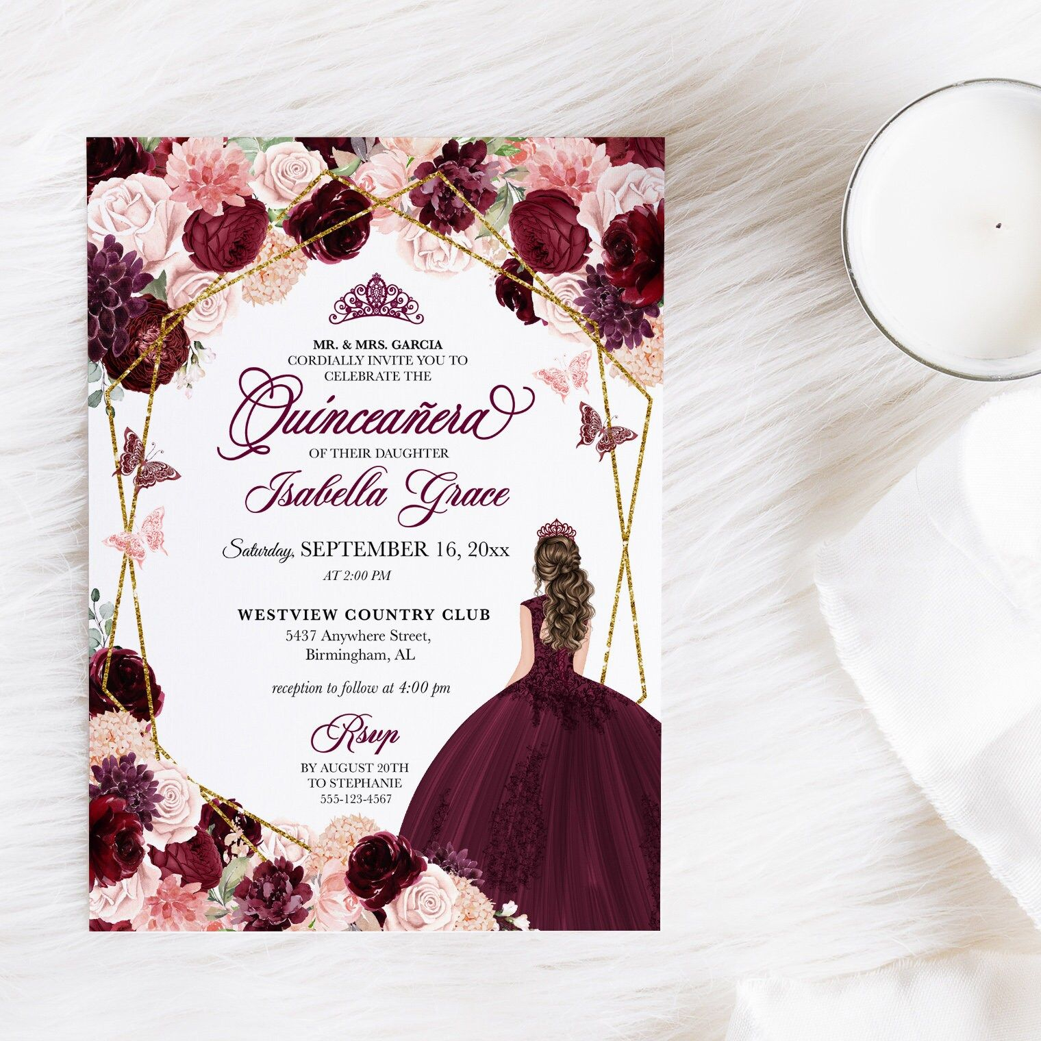 Editable Invitation Elegant Burgundy Pink Floral Quinceanera Invitation 