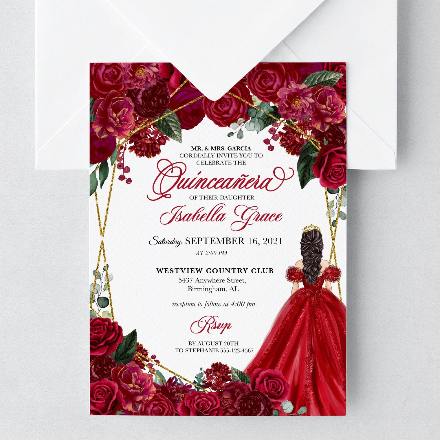 EDITABLE Invitation Elegant Red And Gold Floral Quinceanera Invitation 