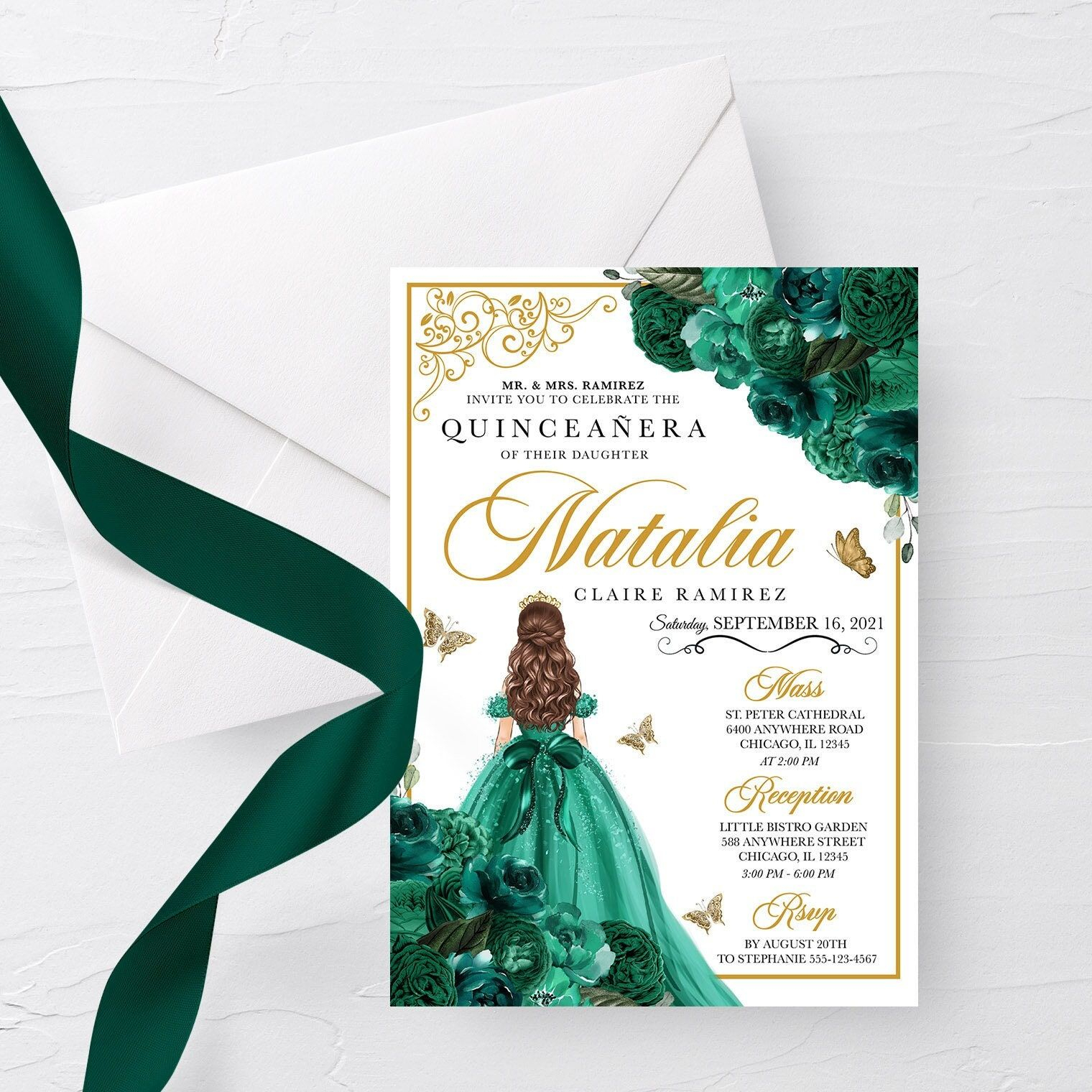 EDITABLE Invitation Emerald Green Floral Quinceanera Invitation 