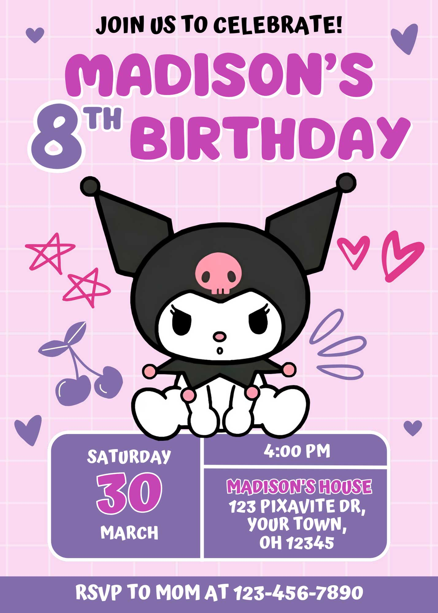 Editable Kuromi Birthday Invitation Template Adorable Invite