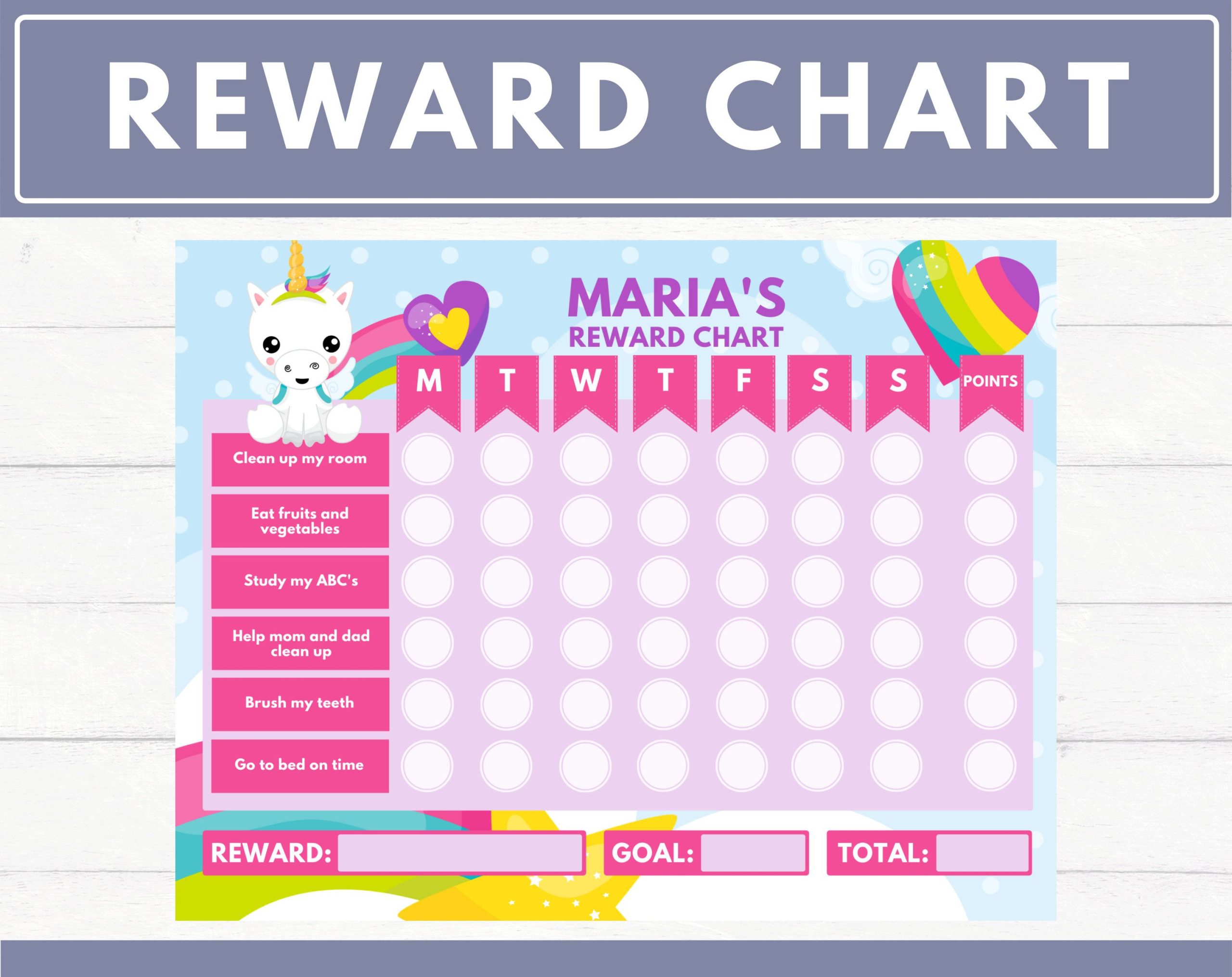 EDITABLE Unicorn Printable Reward Chart For Girls Kids Reward Chart 