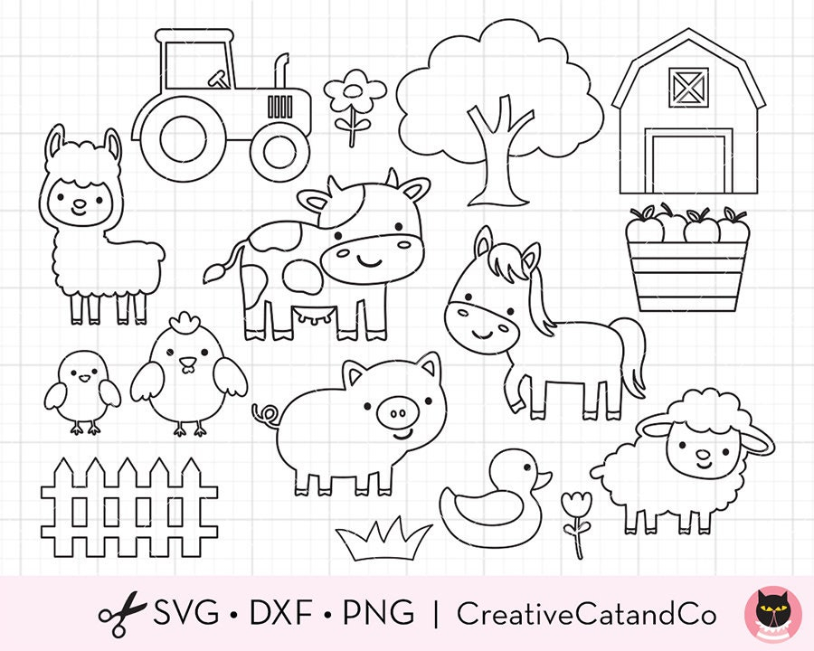 Farm Animal Coloring Outline SVG DXF Cow Horse Sheep Llama Etsy
