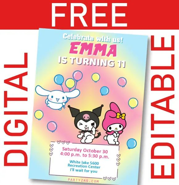 FREE Digital Card Invitation Cinnamoroll Kuromi My Melody Printable 