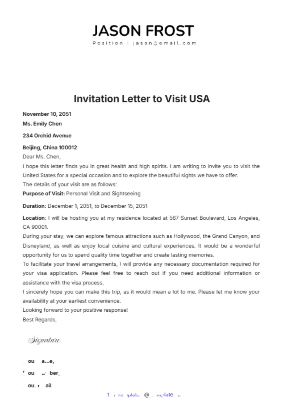 Free Invitation Letter To Visit USA Template To Edit Online