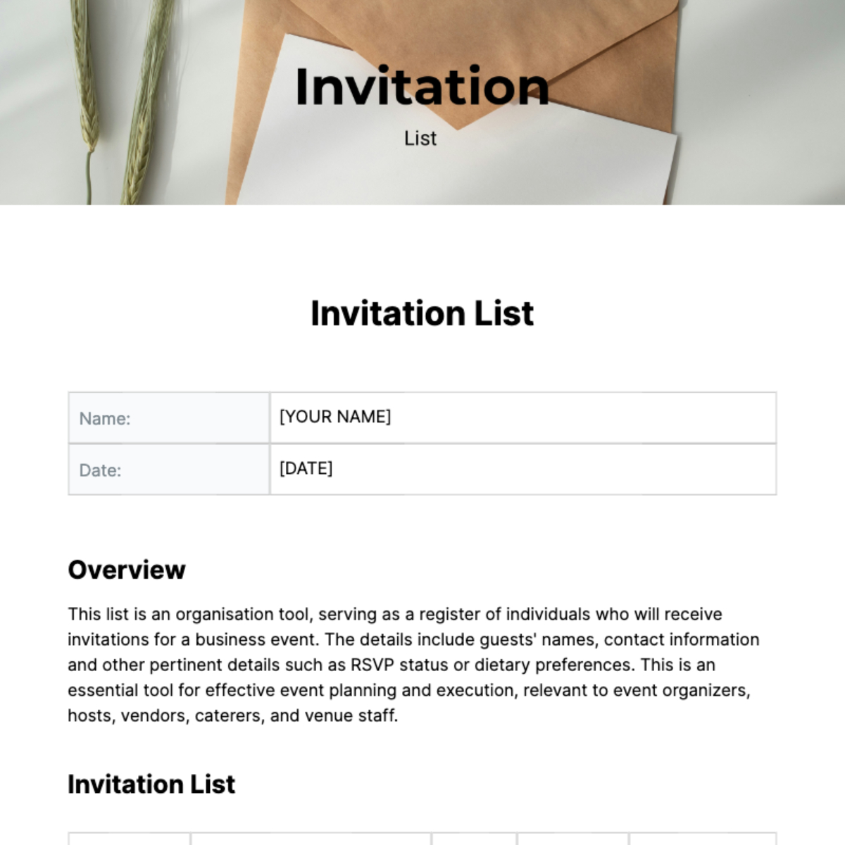 Free Invitation List Template To Edit Online