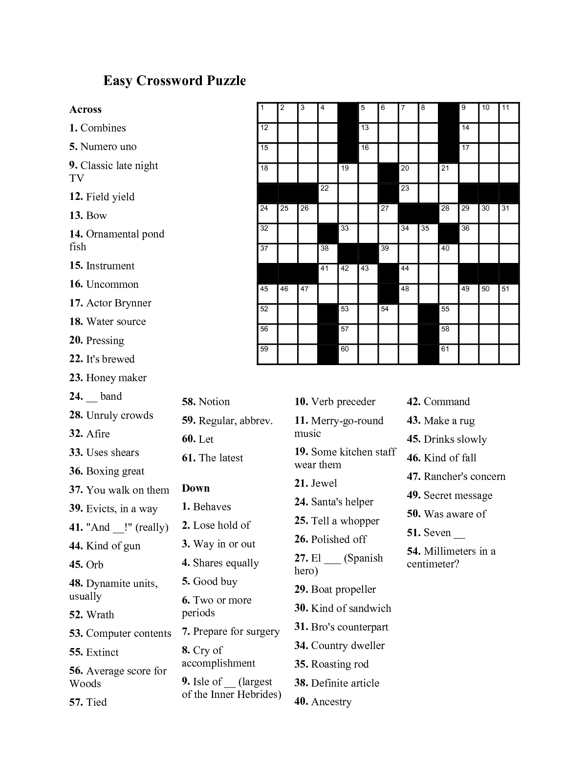 easy free printable crossword puzzles