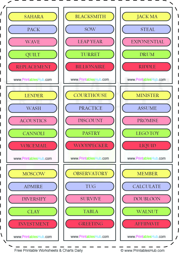 Free Printable Pictionary Words Category Cards PDF Printables Hub