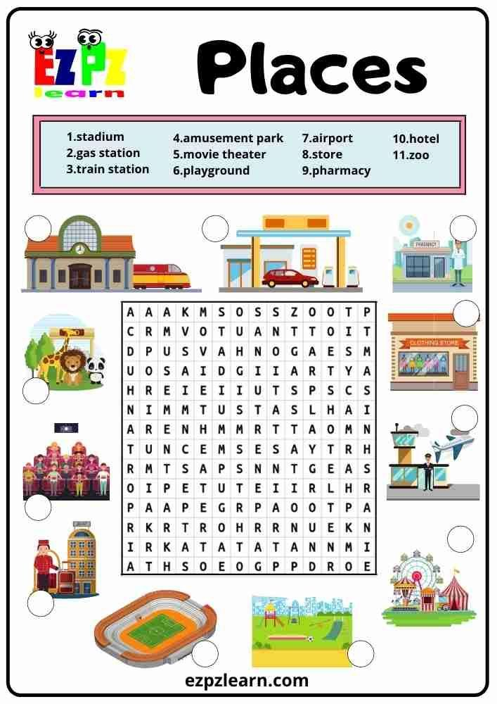 Free Printable Word Search Worksheets For Kids Topic Places 