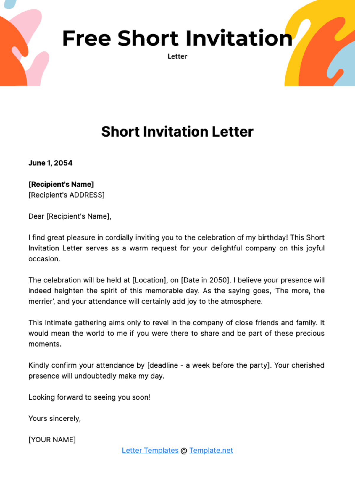 Free Short Invitation Letter Template To Edit Online