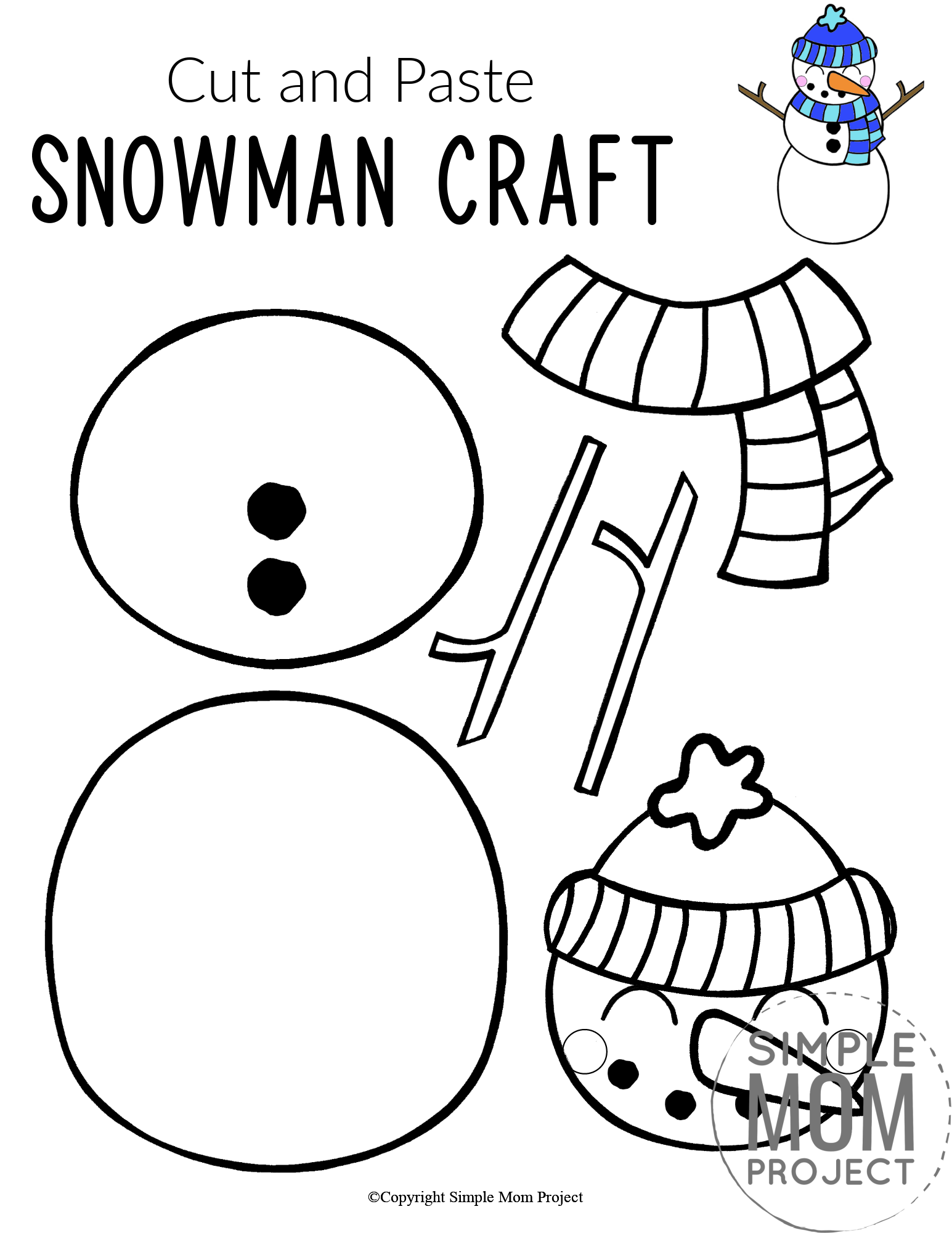 Free To Print Cut And Paste Snowman Craft Template Simple Mom Project