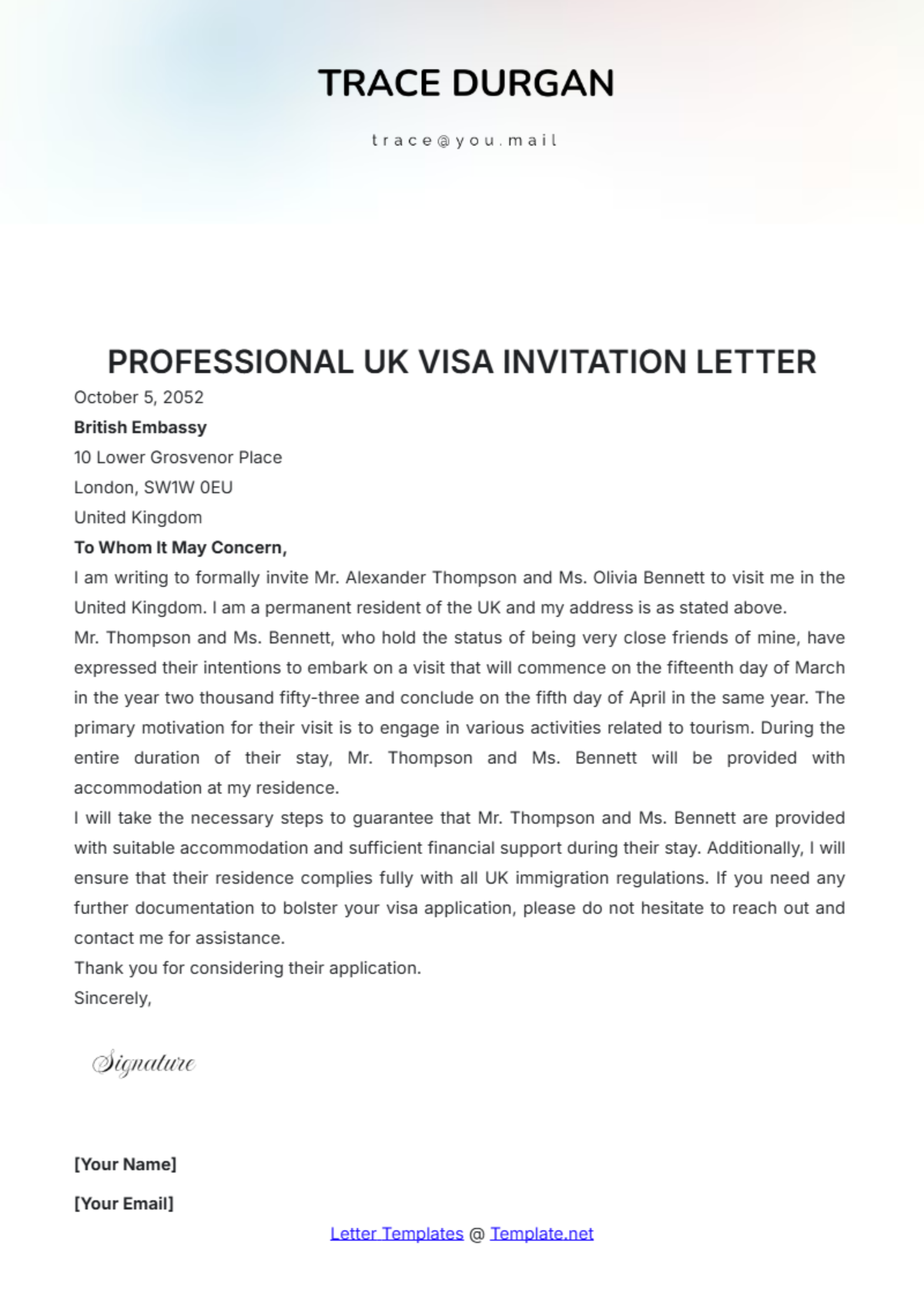 invitation letter template for visa