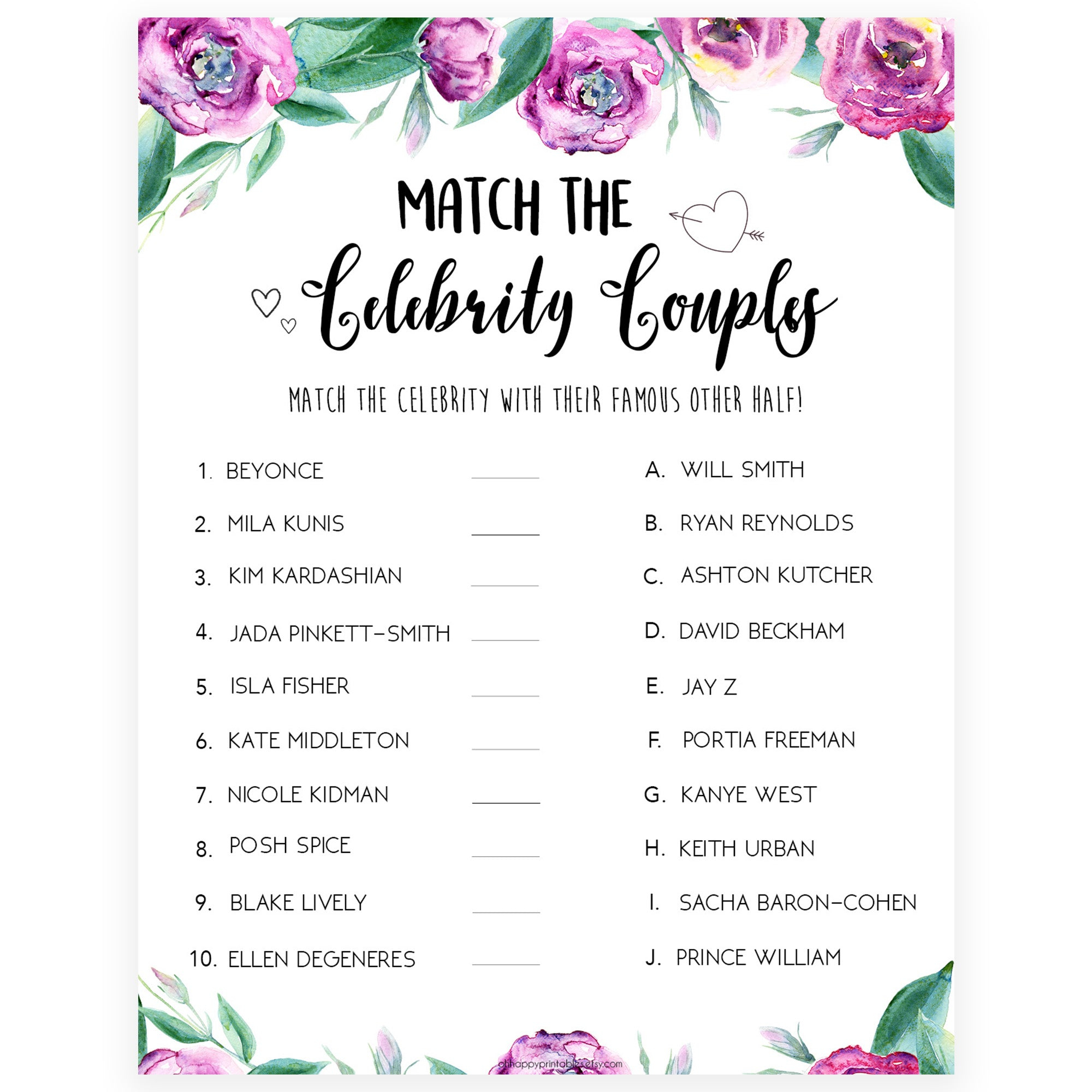 Match Celebrity Couples Game Shop Printable Bridal Shower Games 