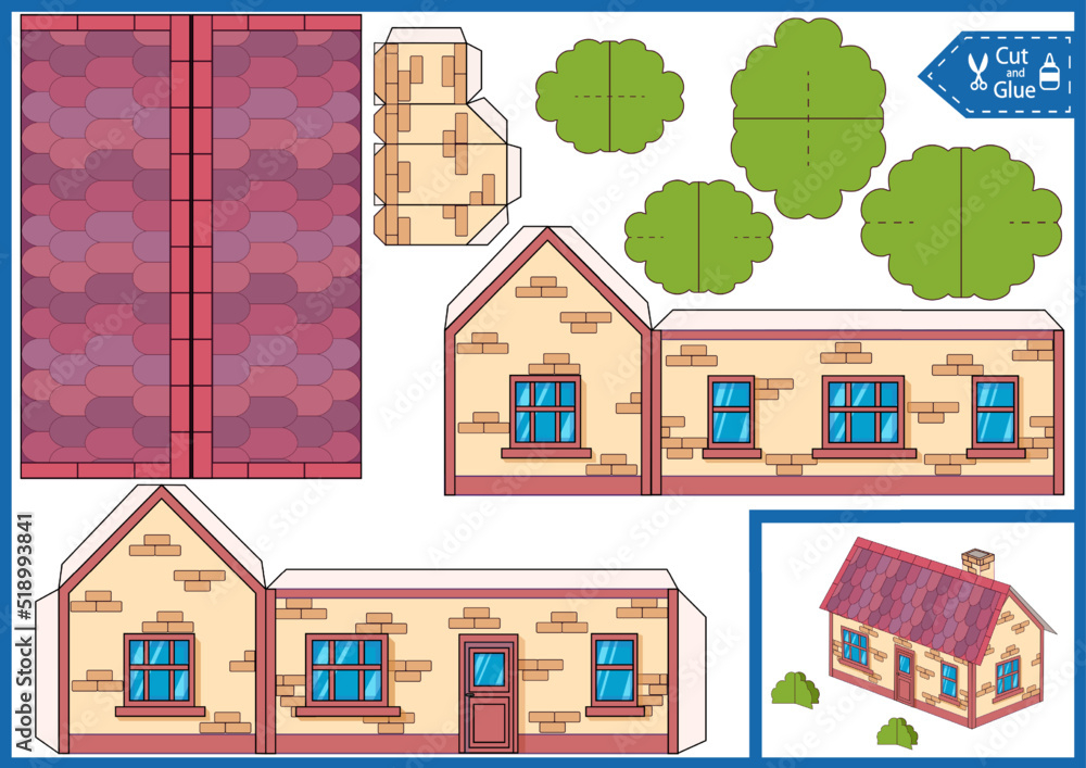 Paper Craft Kids Game Cut And Glue Of House Printable Template 3d