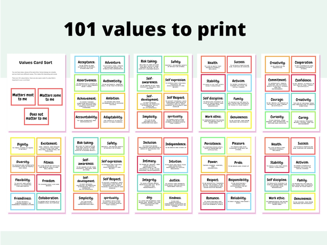Personal Values Card Exercise 101 Values Card To Print Core Values 