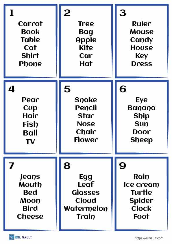 Pictionary Words Printable Cards