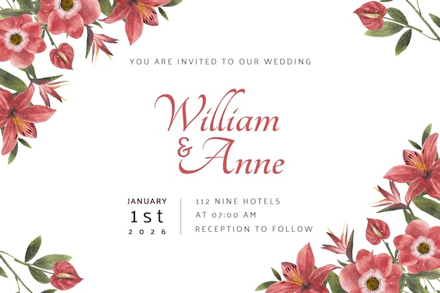 Premium PSD Landscape Red Watercolor Flower Wedding Invitation Template