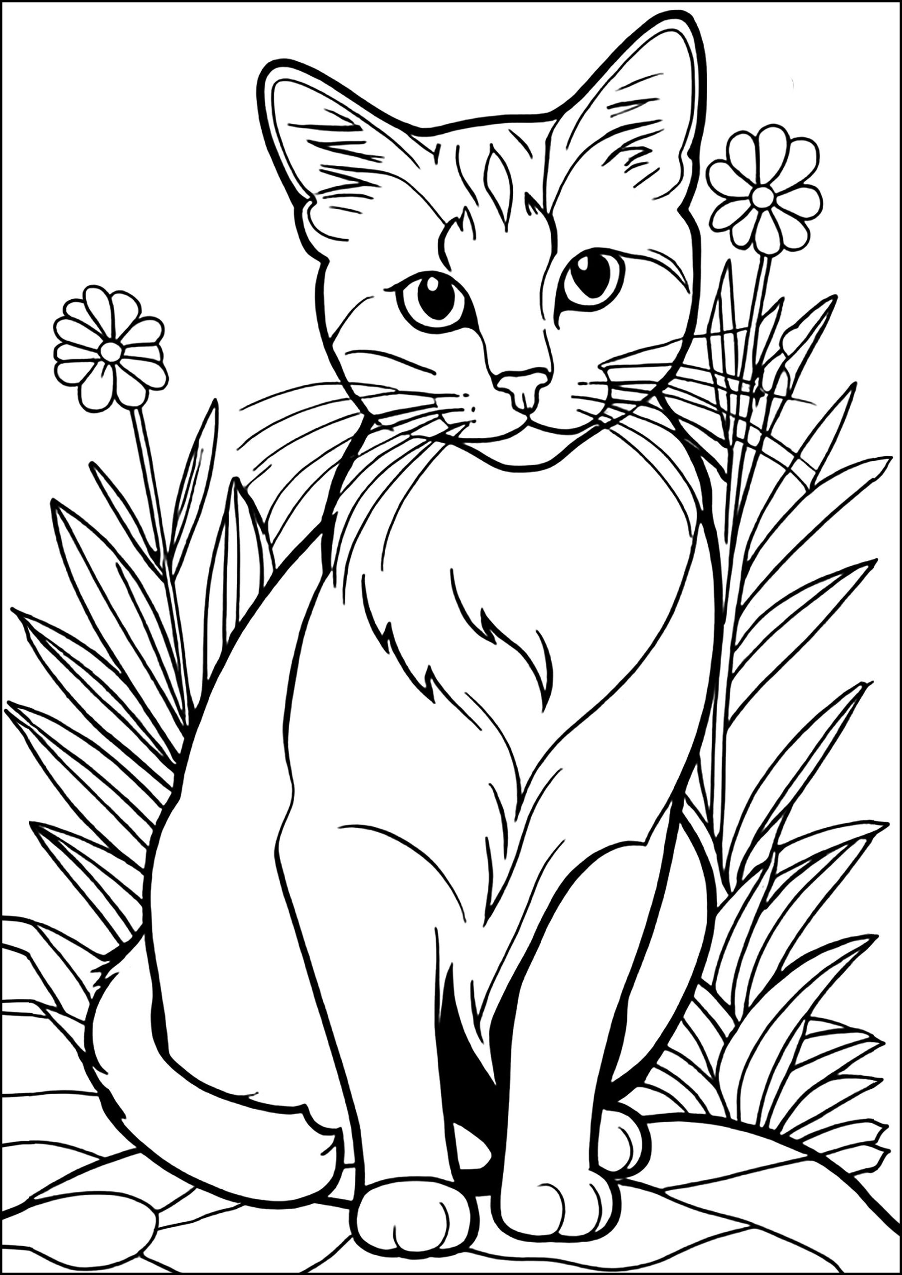 Pretty Cat And Flowers Cat Coloring Pages