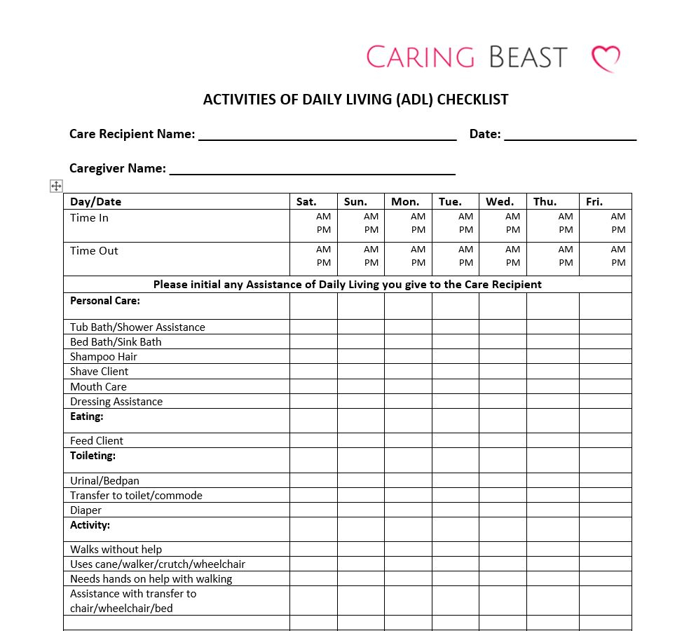 Printable Activities Of Daily Living Checklist Printable Word Searches