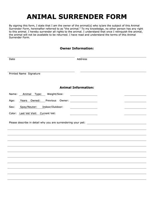 Printable Animal Surrender Form Template Printable Word Searches