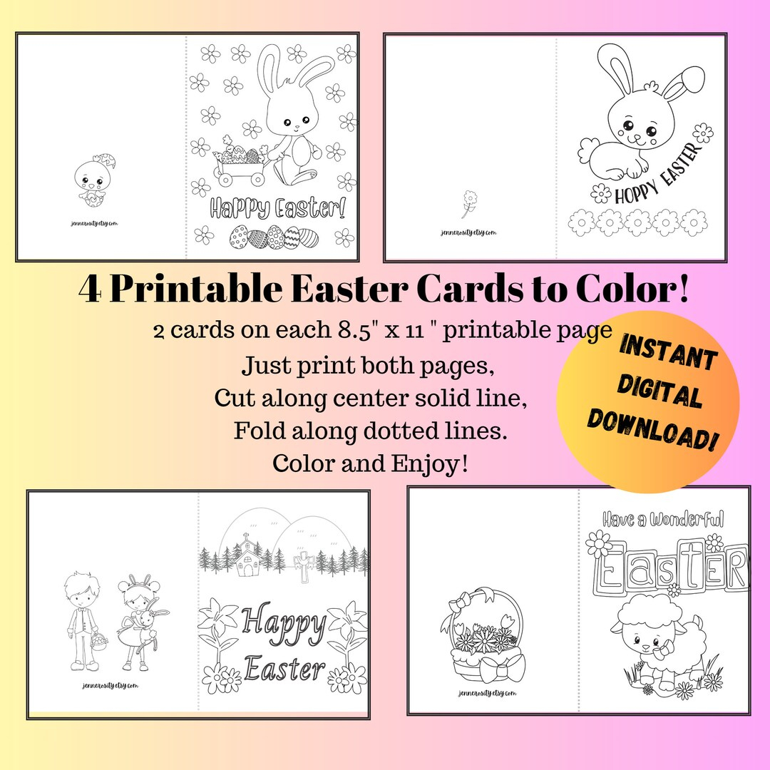 Printable Coloring Easter Cards Digital Download Cute Bunny 