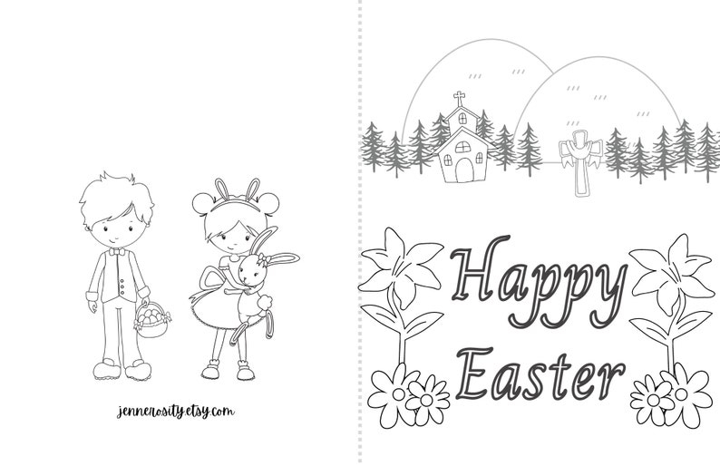 Printable Coloring Easter Cards Digital Download Cute Bunny Etsy
