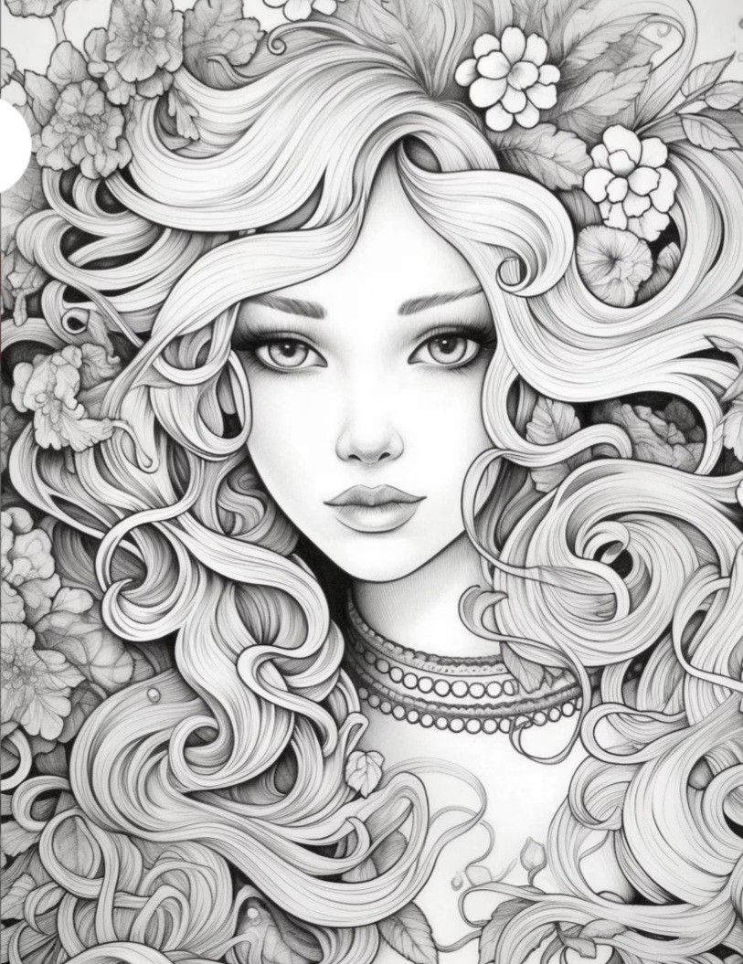 printable coloring page fantasy floral girl portrait