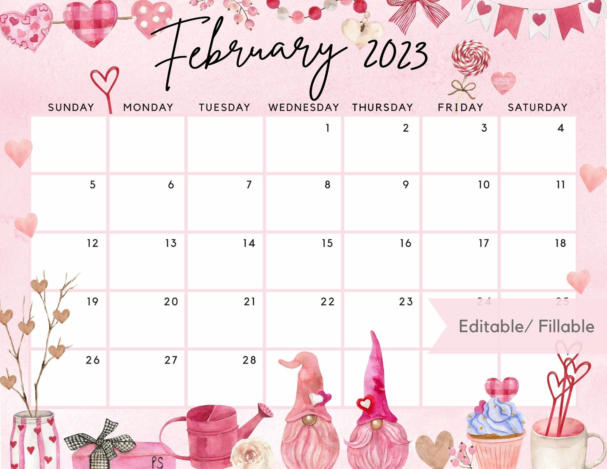 Printable February 2023 Calendar Cute Valentine Loving Gnome 