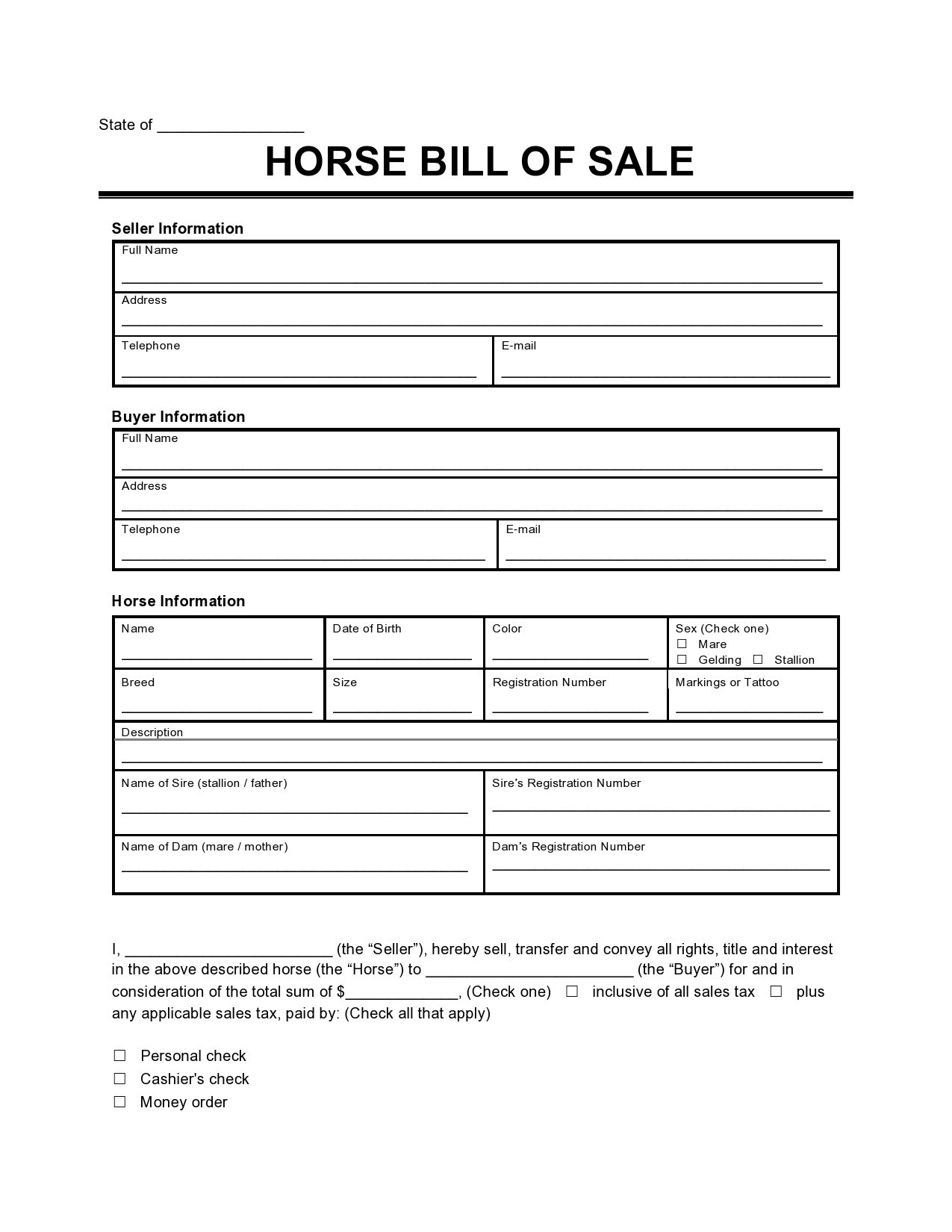 Printable Horse Bill Of Sale Printable Calendar