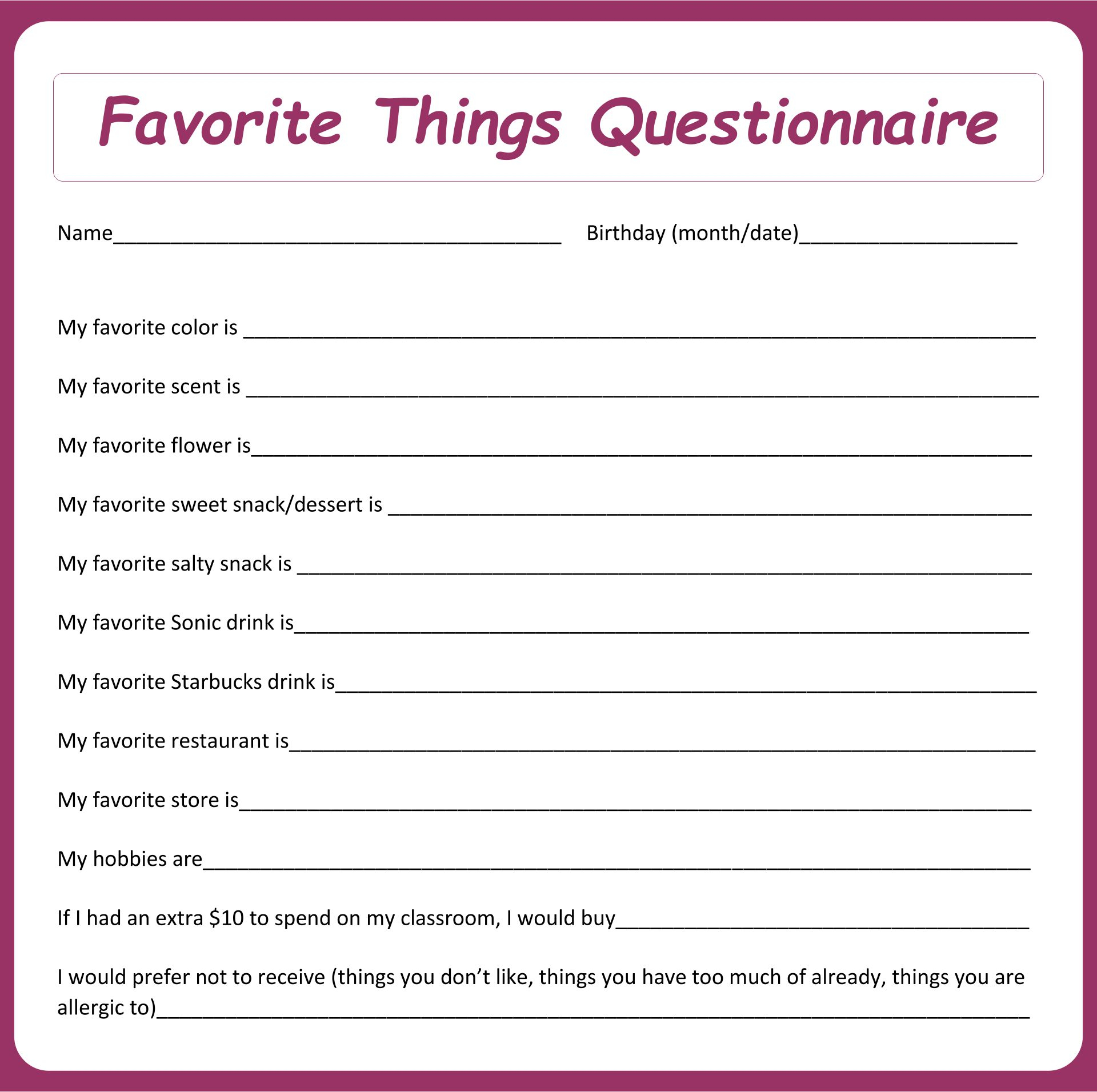 Printable My Favorite Things Template Printable JD